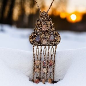 Vintage Victorian Revival Necklace Etruscan Filigree Dangle Beaded Gold Tone